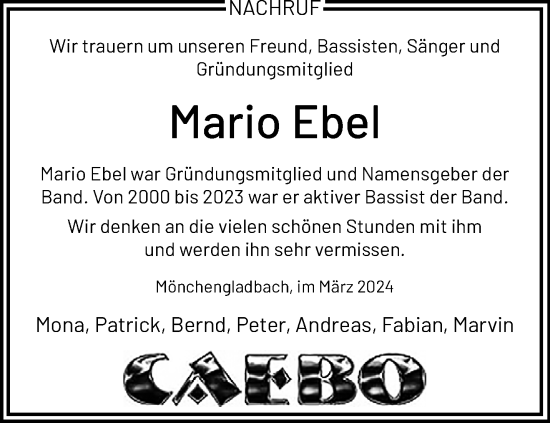 Traueranzeige von Mario Ebel von trauer.extra-tipp-moenchengladbach.de