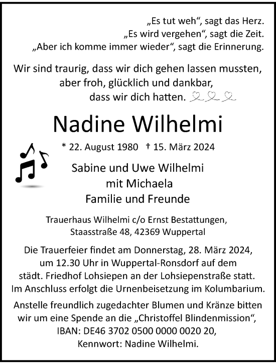 Traueranzeige von Nadine Wilhelmi von trauer.wuppertaler-rundschau.de