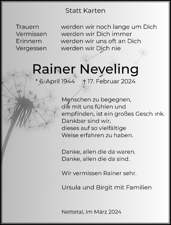 Traueranzeige von Rainer Neveling von trauer.extra-tipp-moenchengladbach.de