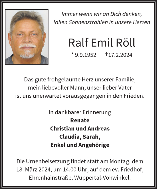 Traueranzeige von Ralf Emil Röll von trauer.wuppertaler-rundschau.de