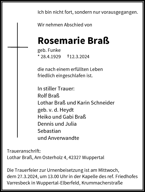 Traueranzeige von Rosemarie Braß von trauer.wuppertaler-rundschau.de