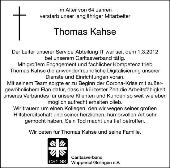 Traueranzeige von Thomas Kahse von trauer.wuppertaler-rundschau.de