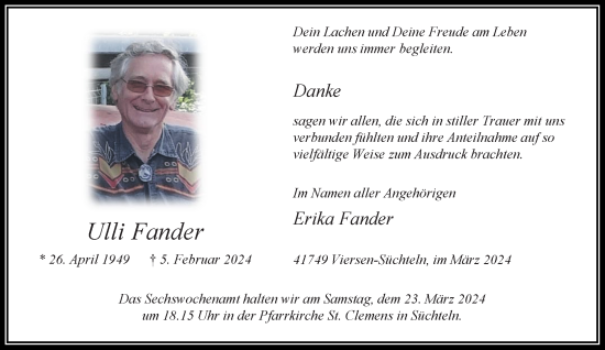 Traueranzeige von Ulli Fander von trauer.extra-tipp-moenchengladbach.de