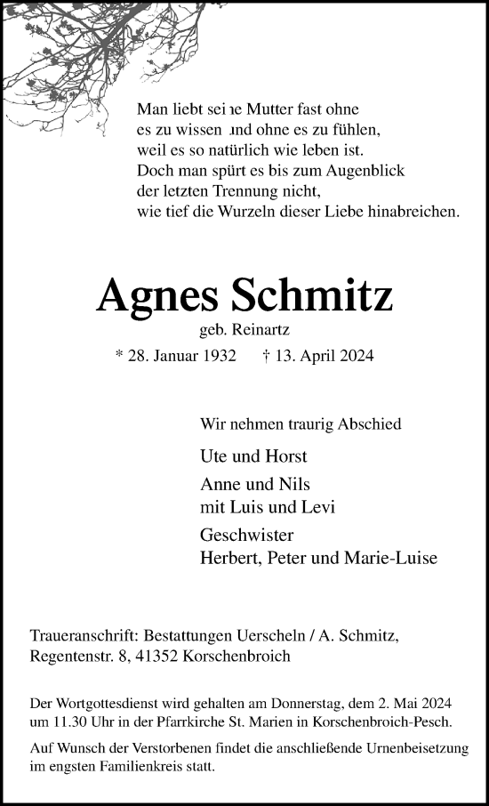 Traueranzeige von Agnes Schmitz von trauer.extra-tipp-moenchengladbach.de
