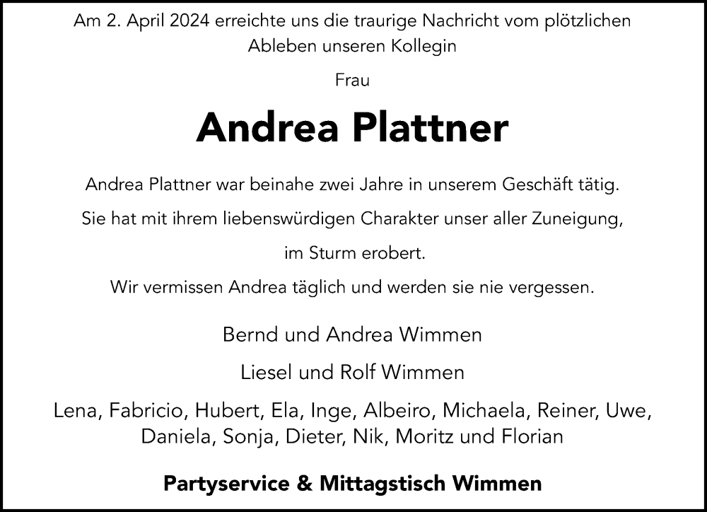  Traueranzeige für Andrea Plattner vom 21.04.2024 aus trauer.extra-tipp-moenchengladbach.de