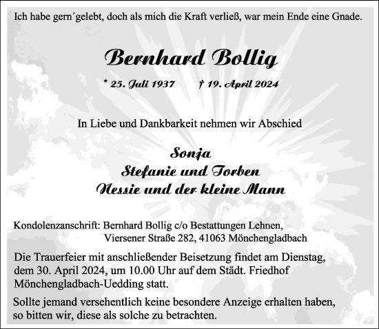 Traueranzeige von Bernhard Bollig von trauer.extra-tipp-moenchengladbach.de