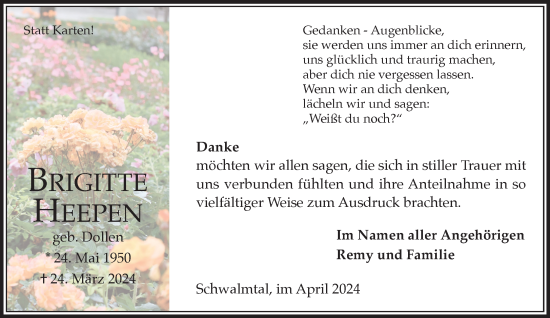 Traueranzeige von Brigitte Heepen von trauer.extra-tipp-moenchengladbach.de