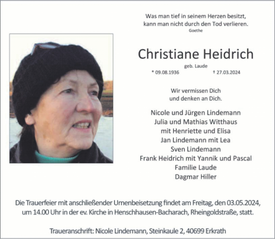 Traueranzeige von Christiane Heidrich von trauer.extra-tipp-moenchengladbach.de