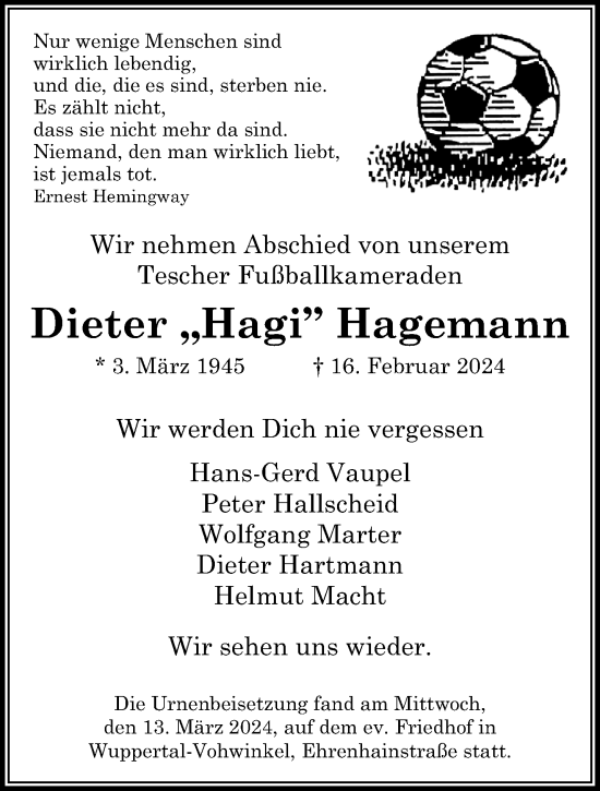 Traueranzeige von Dieter Hagemann von trauer.wuppertaler-rundschau.de