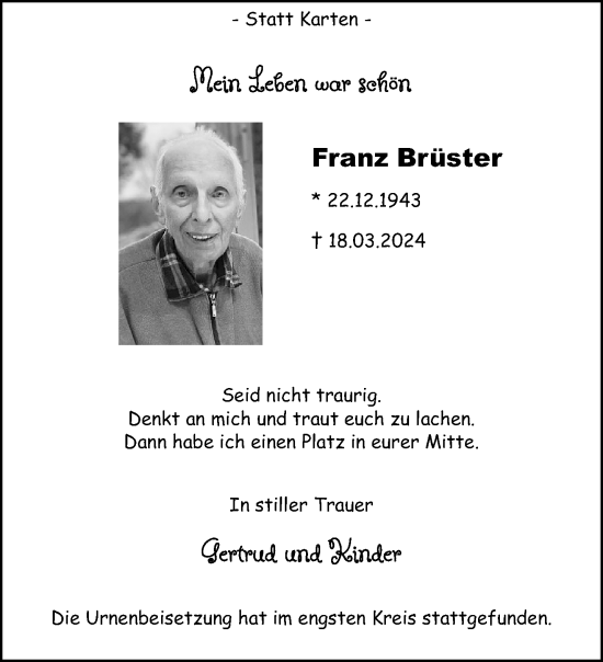 Traueranzeige von Franz Brüster von trauer.extra-tipp-moenchengladbach.de