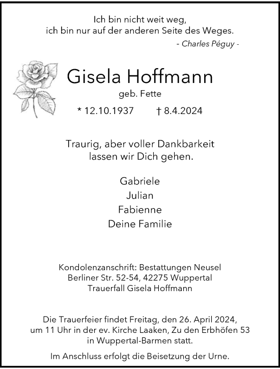 Traueranzeige von Gisela Hoffmann von trauer.wuppertaler-rundschau.de