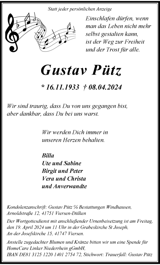 Traueranzeige von Gustav Pütz von trauer.extra-tipp-moenchengladbach.de