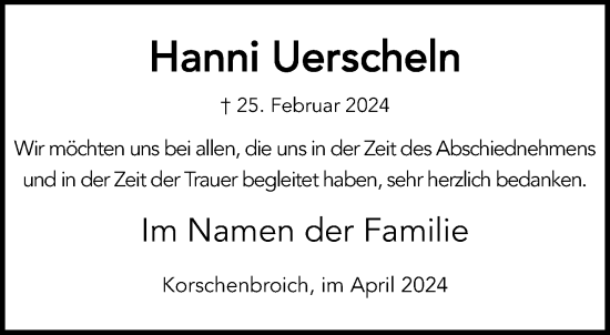 Traueranzeige von Hanni Uerscheln von trauer.extra-tipp-moenchengladbach.de