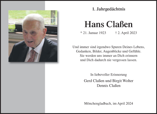 Traueranzeige von Hans Claßen von trauer.extra-tipp-moenchengladbach.de