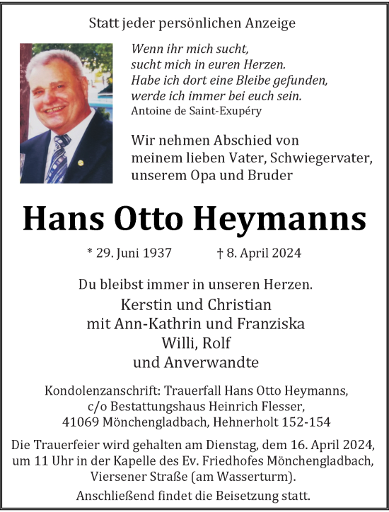 Traueranzeige von Hans Otto Heymanns von trauer.extra-tipp-moenchengladbach.de