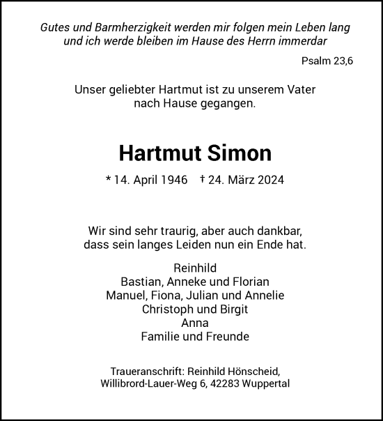 Traueranzeige von Hartmut Simon von trauer.wuppertaler-rundschau.de
