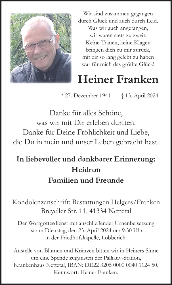  Traueranzeige für Heiner Franken vom 21.04.2024 aus trauer.extra-tipp-moenchengladbach.de