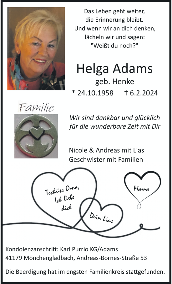 Traueranzeige von Helga Adams von trauer.extra-tipp-moenchengladbach.de