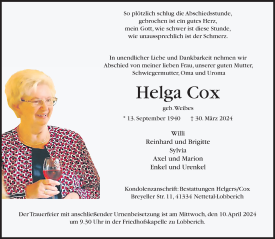 Traueranzeige von Helga Cox von trauer.extra-tipp-moenchengladbach.de