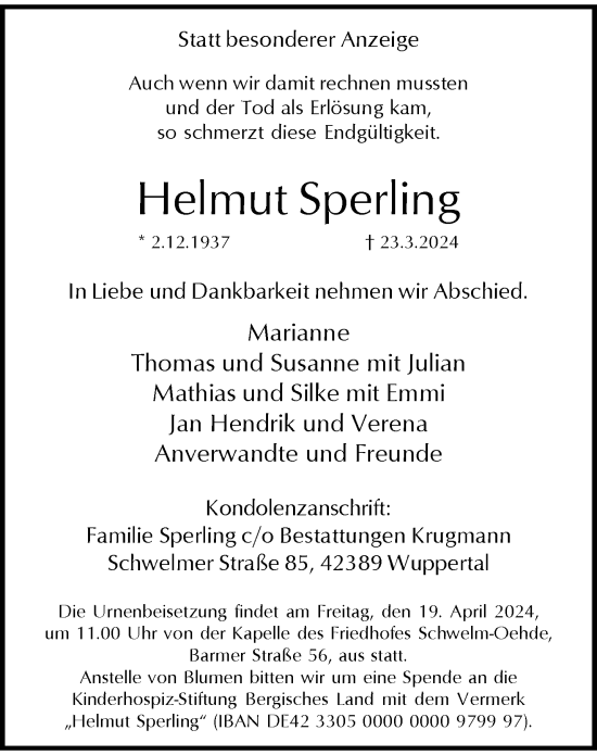 Traueranzeige von Helmut Sperling von trauer.wuppertaler-rundschau.de