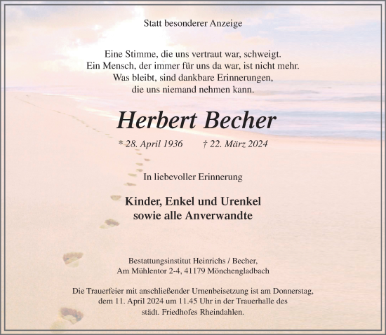 Traueranzeige von Herbert Becher von trauer.extra-tipp-moenchengladbach.de