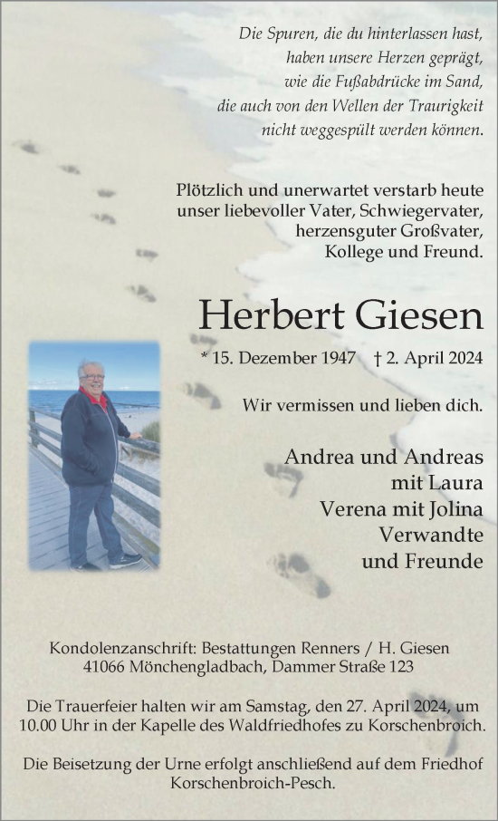 Traueranzeige von Herbert Giesen von trauer.extra-tipp-moenchengladbach.de