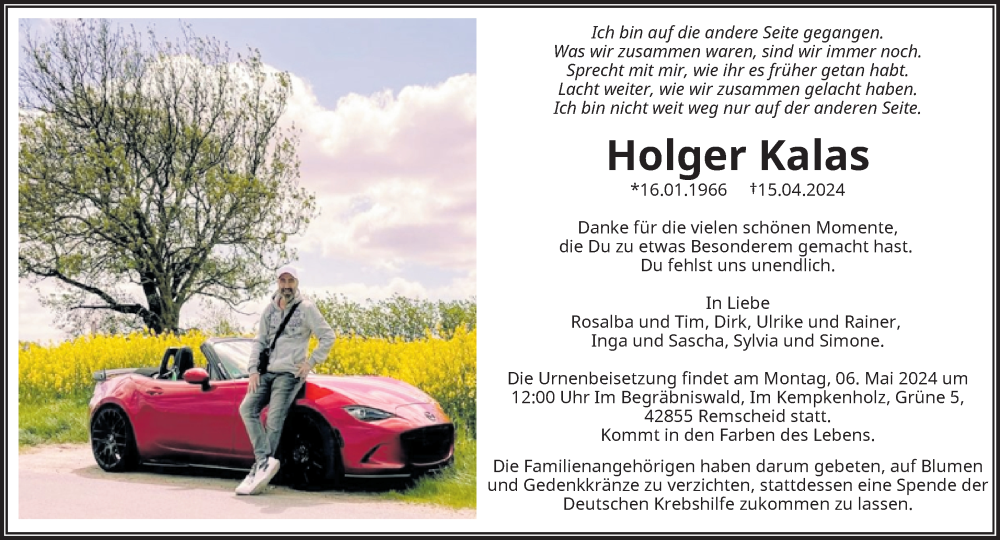  Traueranzeige für Holger Kalas vom 20.04.2024 aus trauer.wuppertaler-rundschau.de