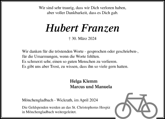 Traueranzeige von Hubert Franzen von trauer.extra-tipp-moenchengladbach.de
