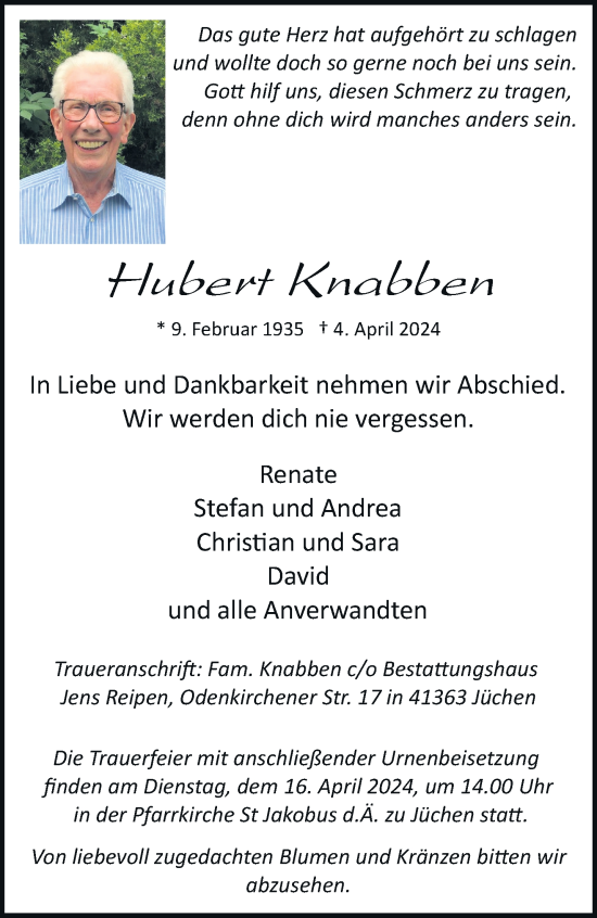 Traueranzeige von Hubert Knabben von trauer.stadt-kurier.de