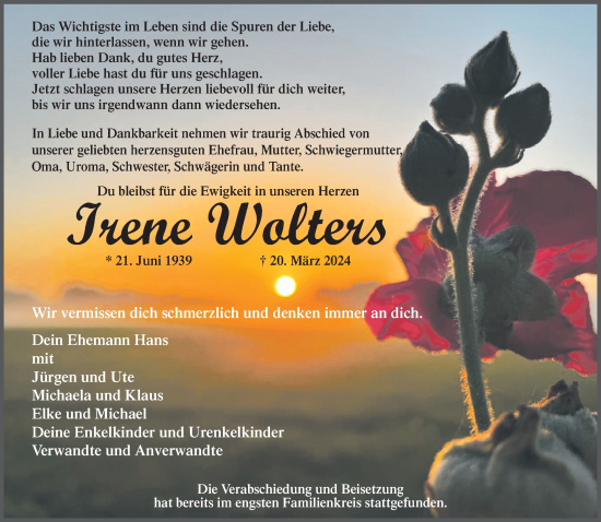 Traueranzeige von Irene Wolters von trauer.extra-tipp-moenchengladbach.de