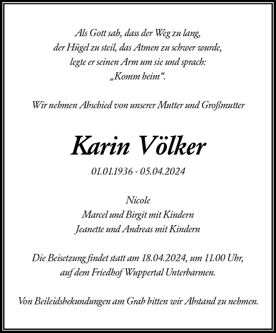 Traueranzeige von Karin Völker von trauer.wuppertaler-rundschau.de