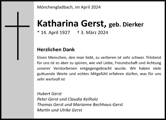 Traueranzeige von Katharina Gerst von trauer.extra-tipp-moenchengladbach.de
