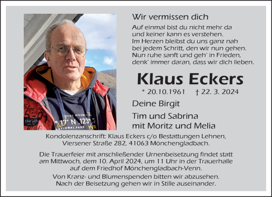 Traueranzeige von Klaus Eckers von trauer.extra-tipp-moenchengladbach.de