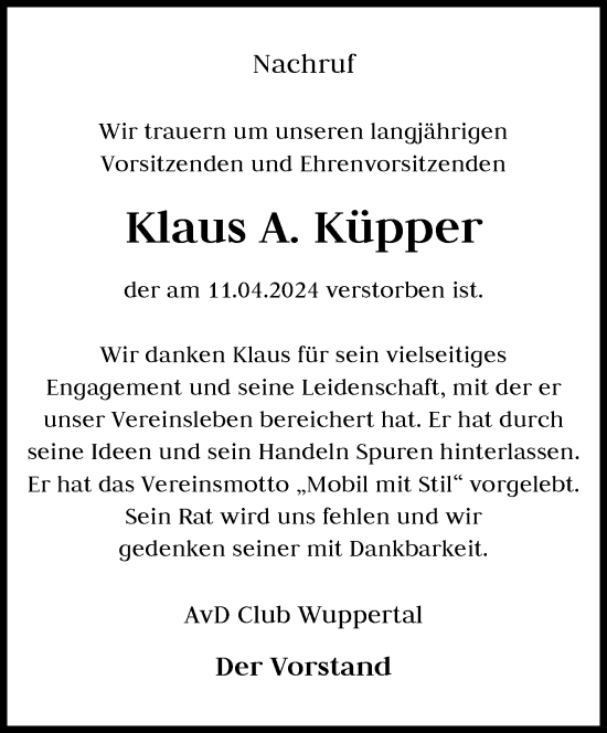 Traueranzeige von Klaus A. Küpper von trauer.wuppertaler-rundschau.de