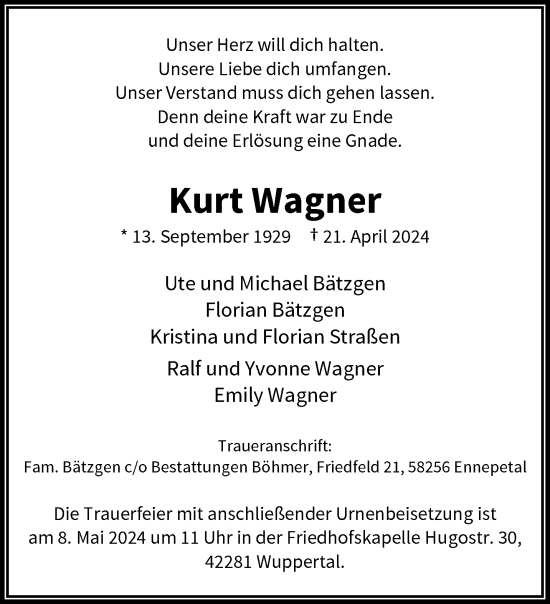 Traueranzeige von Kurt Wagner von trauer.wuppertaler-rundschau.de