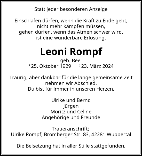 Traueranzeige von Leoni Rompf von trauer.wuppertaler-rundschau.de