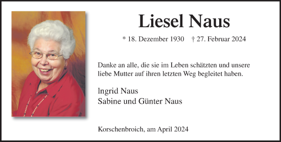 Traueranzeige von Liesel Naus von trauer.extra-tipp-moenchengladbach.de