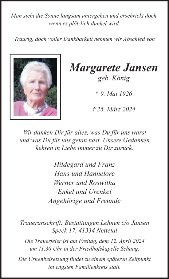 Traueranzeige von Margarete Jansen von trauer.extra-tipp-moenchengladbach.de