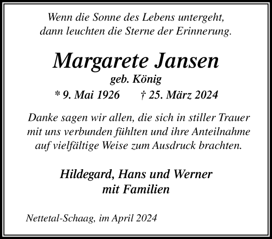 Traueranzeige von Margarete Jansen von trauer.extra-tipp-moenchengladbach.de