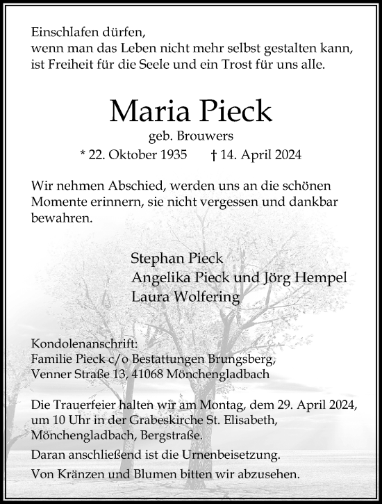 Traueranzeige von Maria Pieck von trauer.extra-tipp-moenchengladbach.de