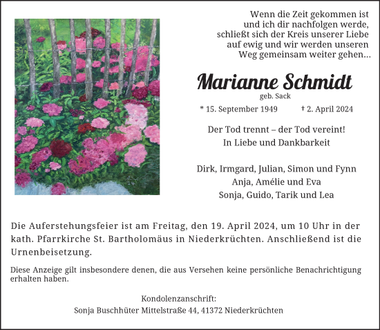 Traueranzeige von Marianne Schmidt von trauer.extra-tipp-moenchengladbach.de