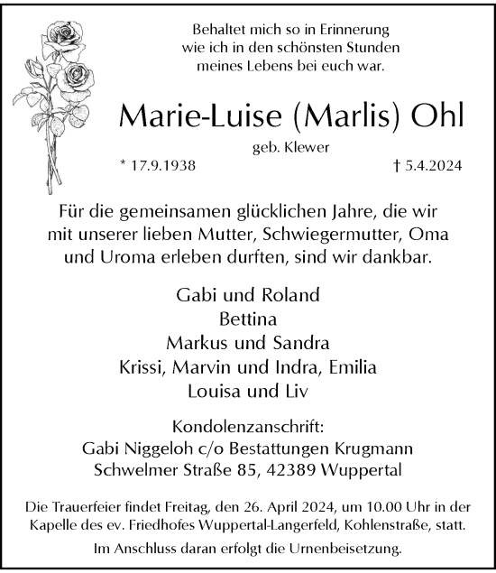 Traueranzeige von Marie-Luise Ohl von trauer.wuppertaler-rundschau.de