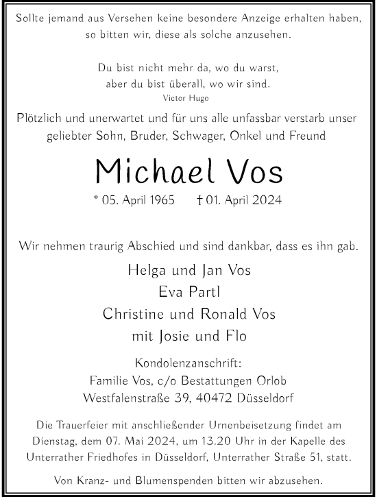 Traueranzeige von Michael Vos von trauer.duesseldorfer-anzeiger.de