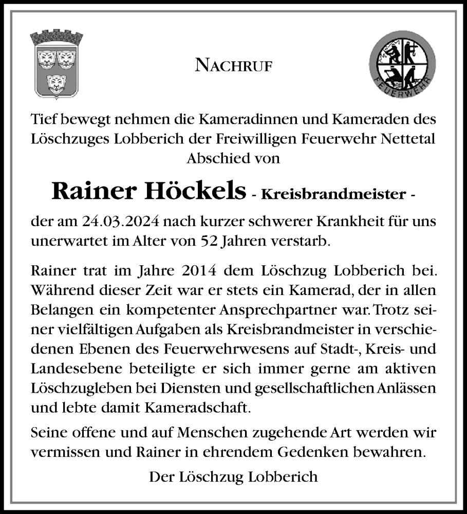  Traueranzeige für Rainer Höckels vom 07.04.2024 aus trauer.extra-tipp-moenchengladbach.de