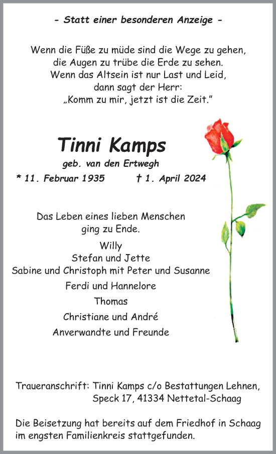 Traueranzeige von Tinni Kamps von trauer.extra-tipp-moenchengladbach.de