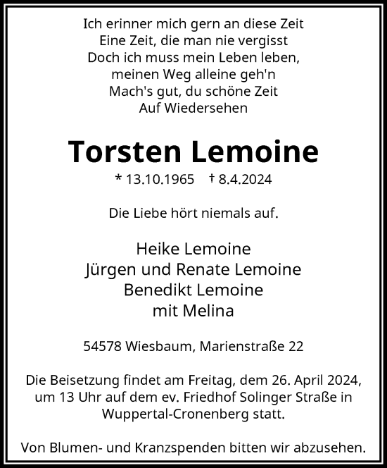 Traueranzeige von Torsten Lemoine von trauer.wuppertaler-rundschau.de