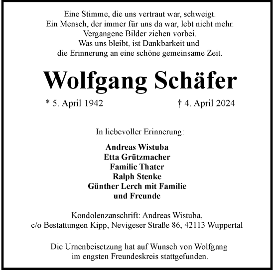 Traueranzeige von Wolfgang Schäfer von trauer.wuppertaler-rundschau.de