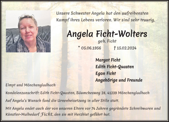 Traueranzeige von Angela Ficht-Wolters von trauer.extra-tipp-moenchengladbach.de