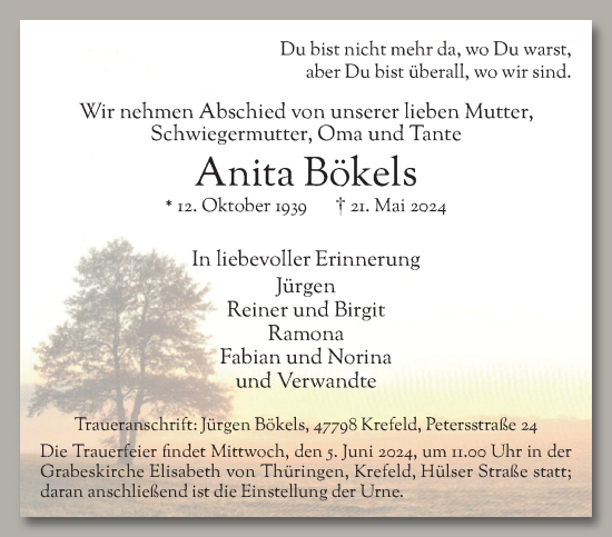 Traueranzeige von Anita Bökels von trauer.extra-tipp-moenchengladbach.de