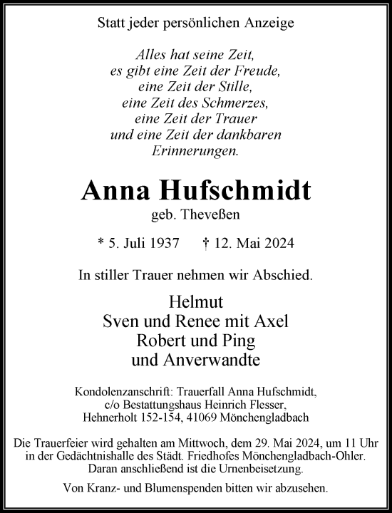 Traueranzeige von Anna Hufschmidt von trauer.extra-tipp-moenchengladbach.de